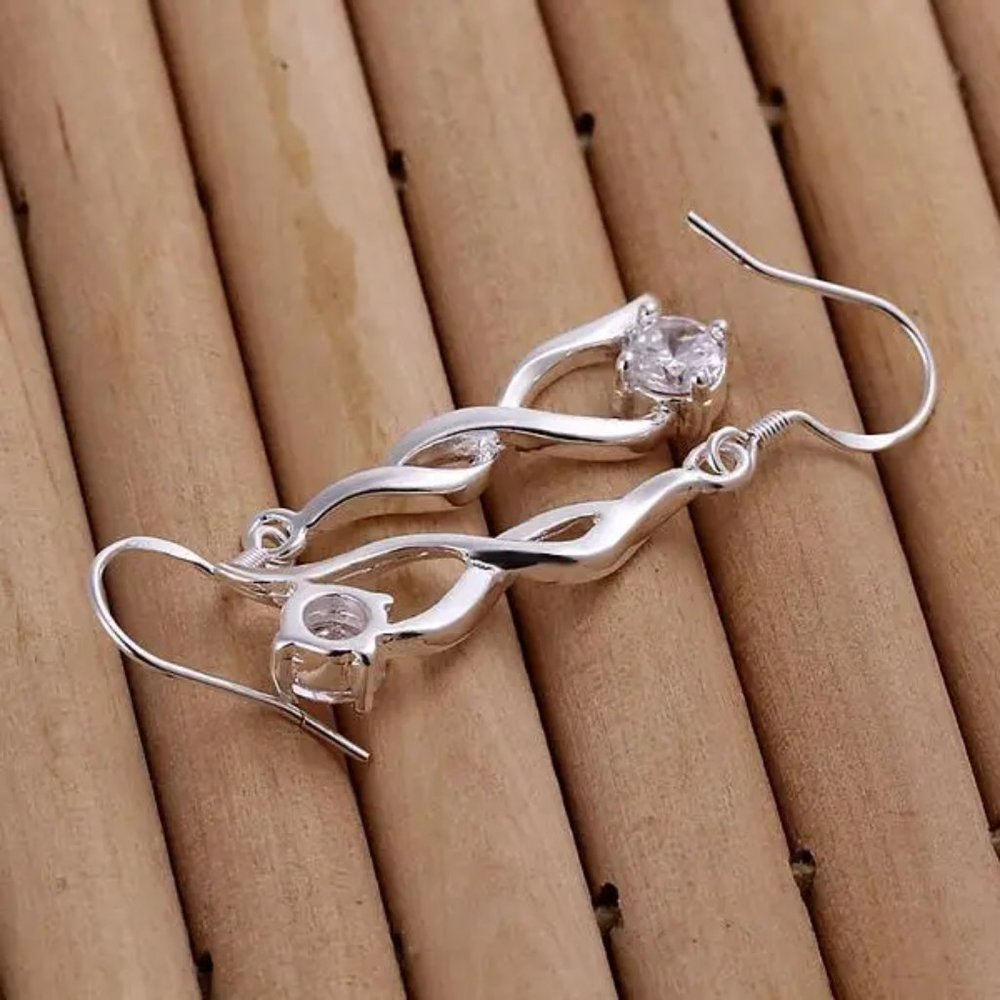Very Cute Sterling Silver Small Twisted Drop Earrings CZ Stud " Hypoallergenic " - Picture 4 of 6